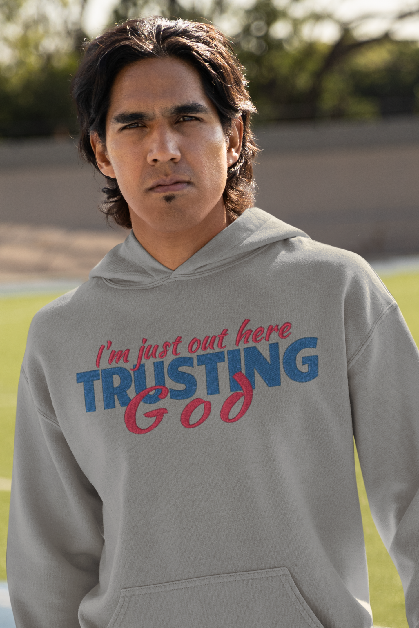 "I'm Out Here Just Trusting God" Embroidery Design Hoodie/Sweatshirt